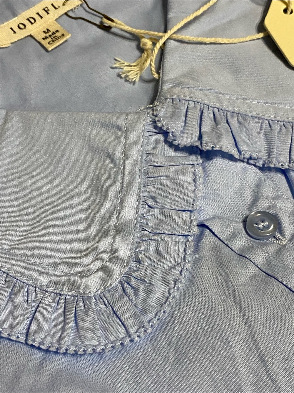 JODIFL Ruffled Peter Pan Collar Full button down! Color:Chambray/ Light Blue - Picture 10 of 10